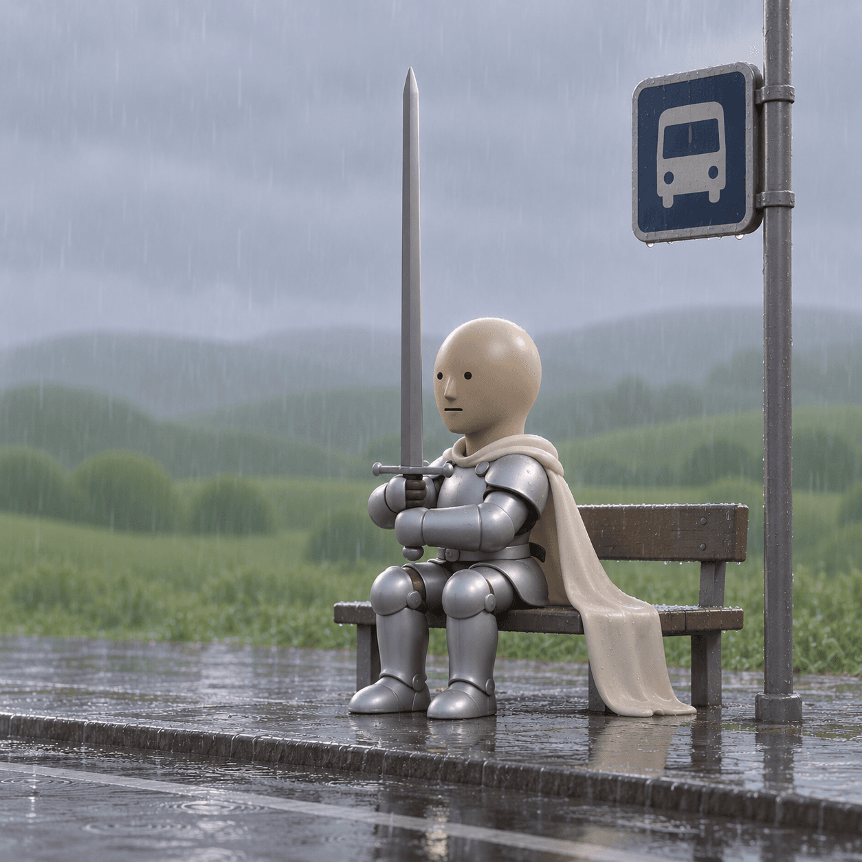 The knight sitting alone on a bench at a rainy countryside bus stop, sword held upright.