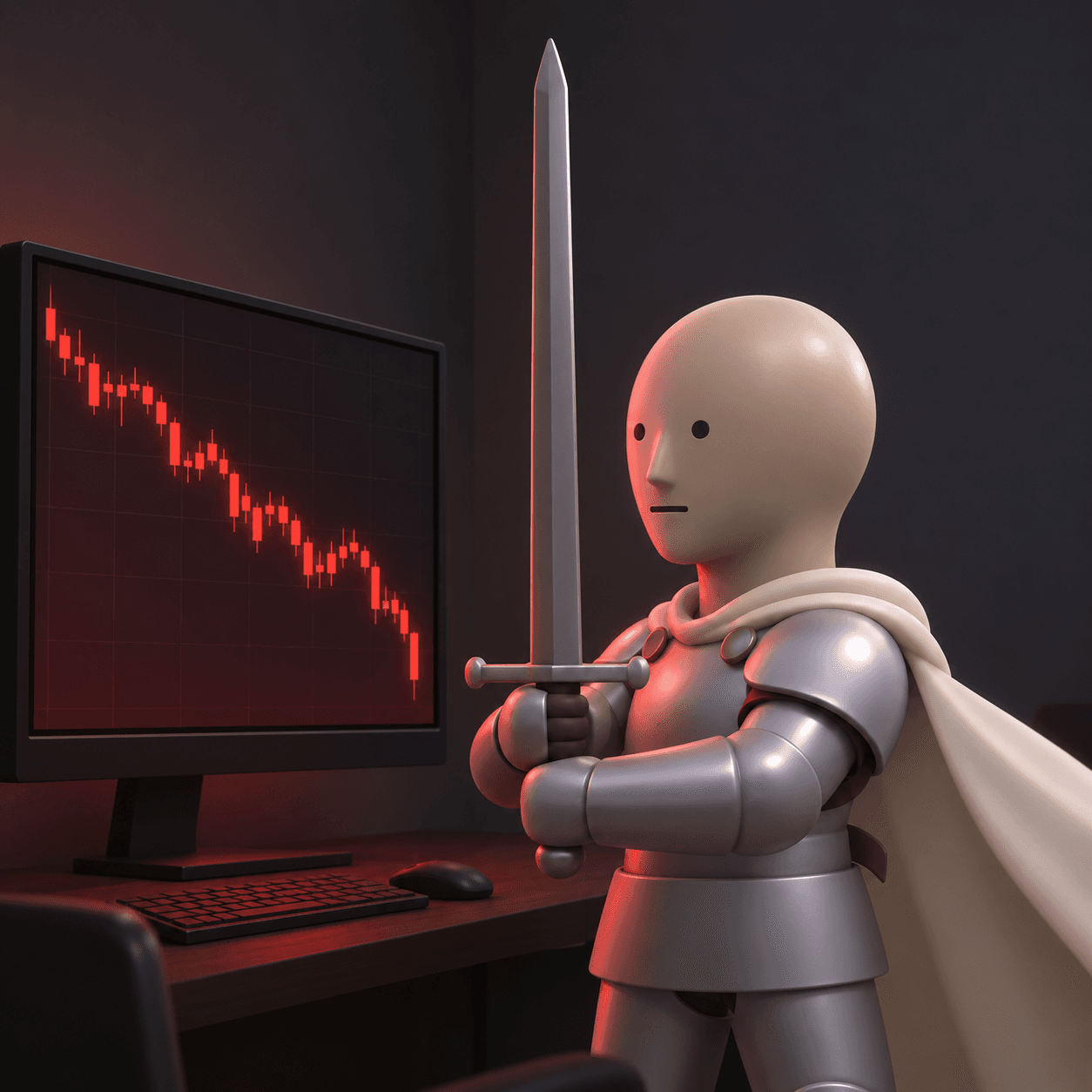 The knight raising his sword in front of a monitor showing a falling red candlestick chart.