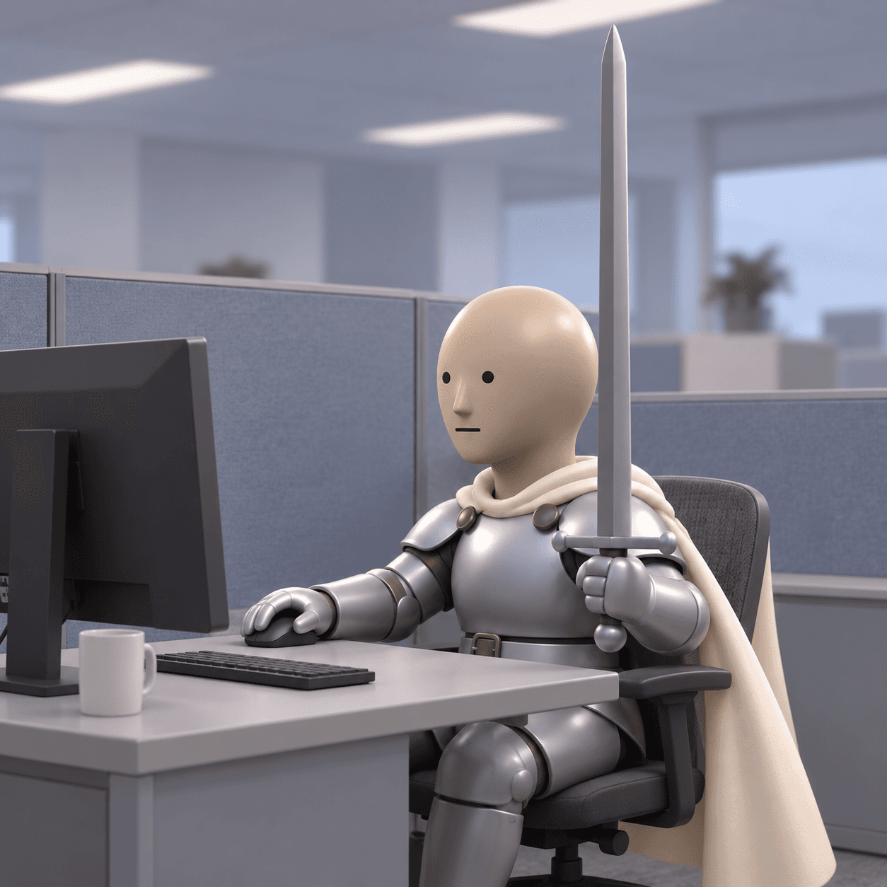 The knight at an office cubicle, one hand on the mouse, the other holding his sword upright.