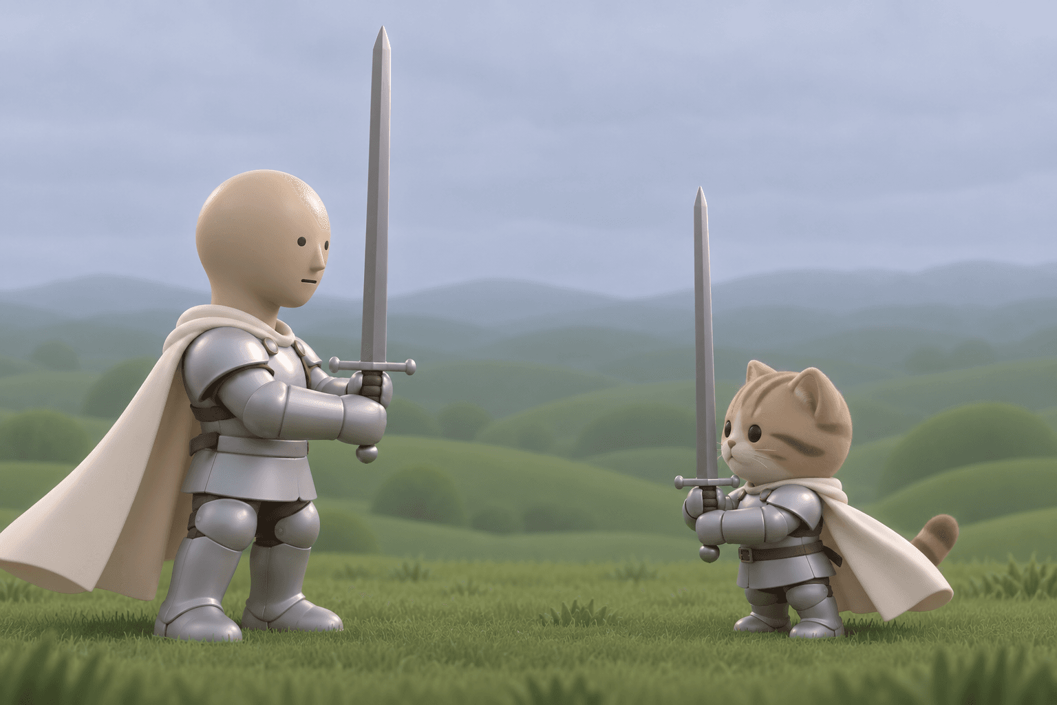 SWONK facing the small armored sword cat across a green hillside, both holding their swords upright.